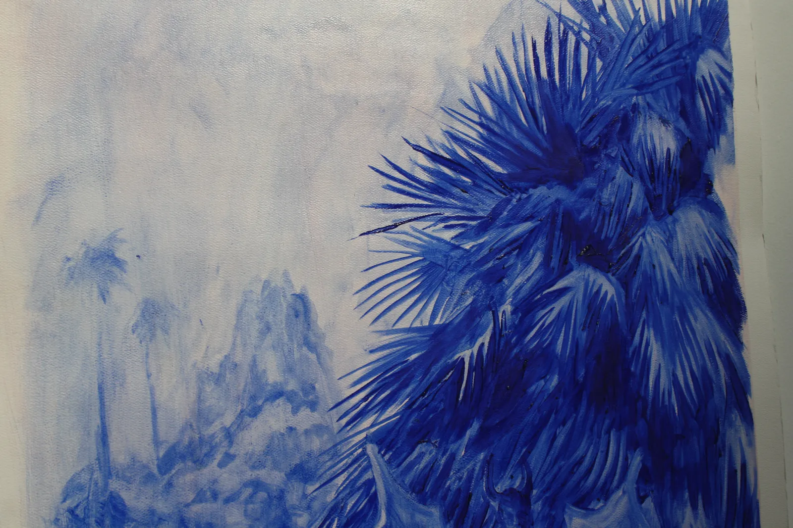 A monochromatic blue illustration of a figure with wings standing before a large spiky tree.